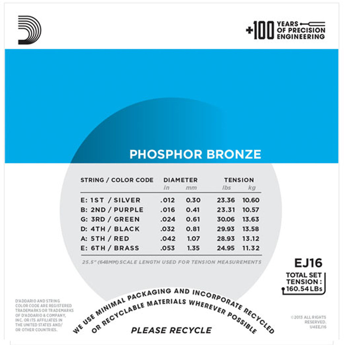 Cordes Bronze Phosphoreux D'Addario EJ16 Light - Guitare Acoustique