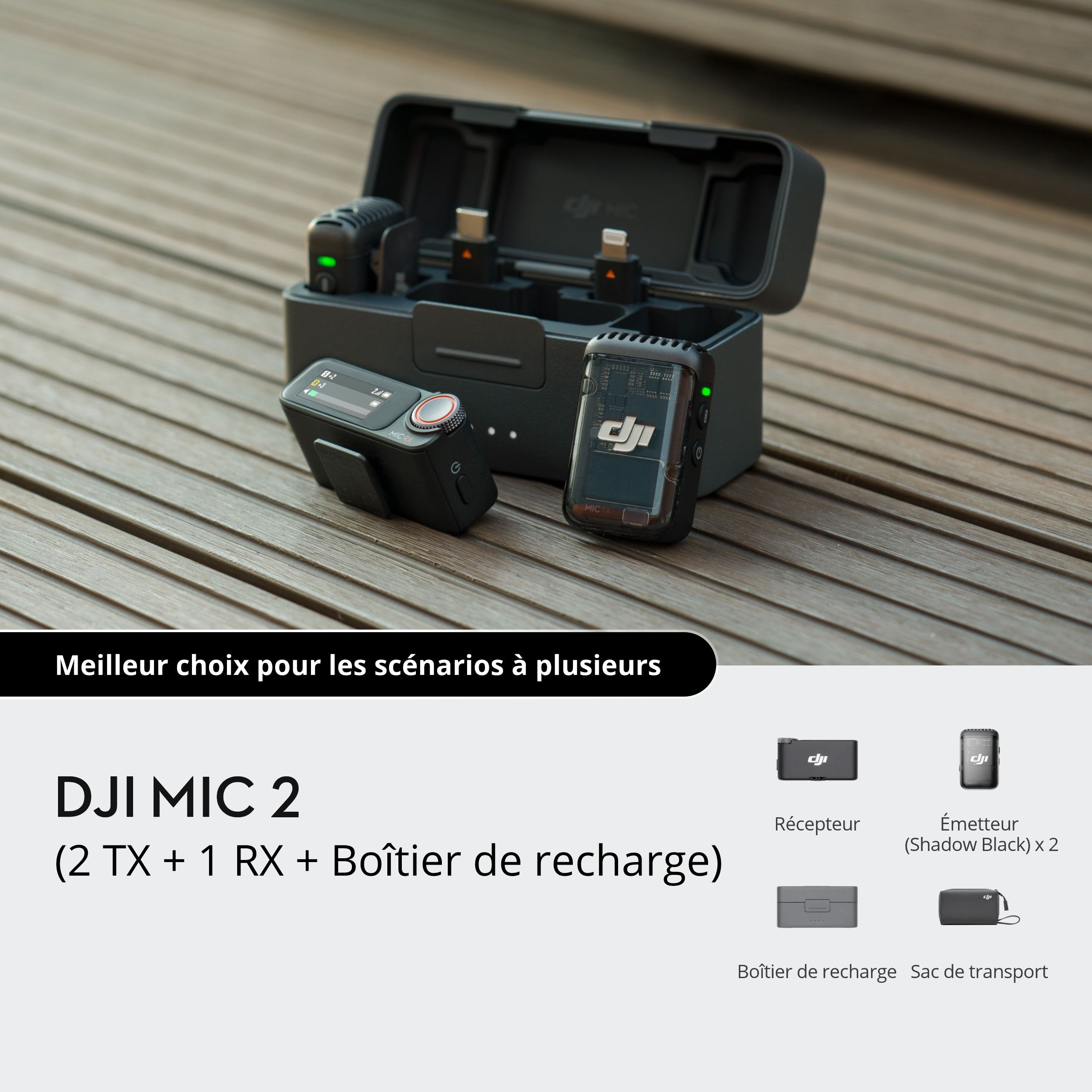 DJI Mic 2 (2 TX + 1 RX + Boîtier de Recharge) Microphone Sans Fil